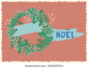 Vintage card with Noel hand lettering in French with Traditional Christmas symbols and decorations for festive projects, invitations, wall posters, social media and for home, crafts and goods