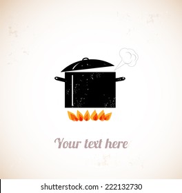 Vintage Card With Old Boiling Pot On Fire. Vector Illustration. 