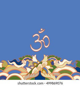 Vintage card with Om sign and dragon tails on the blue background. Vector illustration. Aum symbol. Concept for yoga, beauty salon, spa, gift voucher, banner, card, template with text space.