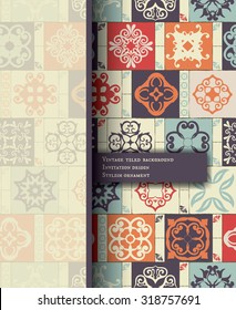 Vintage Card on seamless patchwork pattern from beige-retro blue - red style Moroccan tiles, ornaments.