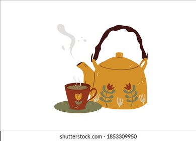 Vintage Card with ornamented teapot, ceramic cup. Warm and cozy hand drawn vector illustration with kettle and mug with hot beverage. 
Elements for greeting cards, posters, stickers, seasonal design.