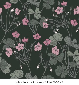 Vintage card with oxalis flowers. Floral wreath. Seamless pattern. Flowers background for cosmetics packaging