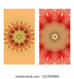 Vintage Card With Patterns Of The Mandala. Floral Ornaments. Islam, Arabic, Indian, Ottoman Motifs. Template For Flyer Or Invitation Card Design. Vector Illustration. Gold sunrise color.