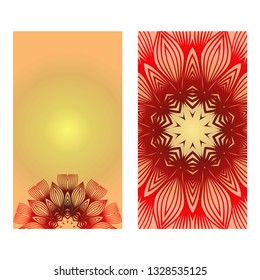 Vintage Card With Patterns Of The Mandala. Floral Ornaments. Islam, Arabic, Indian, Ottoman Motifs. Template For Flyer Or Invitation Card Design. Vector Illustration. Gold sunrise color.