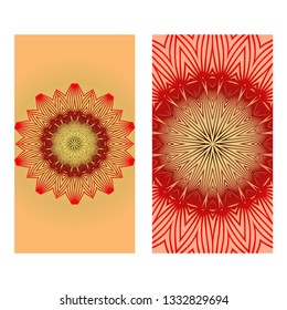 Vintage Card With Patterns Of The Mandala. Floral Ornaments. Islam, Arabic, Indian, Ottoman Motifs. Template For Flyer Or Invitation Card Design. Vector Illustration. Gold sunrise color.