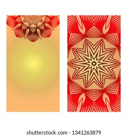 Vintage Card With Patterns Of The Mandala. Floral Ornaments. Islam, Arabic, Indian, Ottoman Motifs. Template For Flyer Or Invitation Card Design. Vector Illustration. Gold sunrise color.