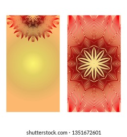 Vintage Card With Patterns Of The Mandala. Floral Ornaments. Islam, Arabic, Indian, Ottoman Motifs. Template For Flyer Or Invitation Card Design. Vector Illustration. Gold sunrise color.