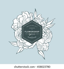 Vintage card with peonies flowers. Floral wreath. Flower frame for flowershop with label designs. Summer floral peonies greeting card. Flowers background for cosmetics packaging.