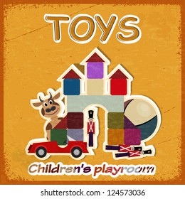 Vintage card and a picture of old toys - invitation in game  room for children.