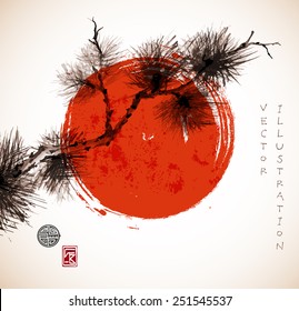 Vintage card with pine tree branch and big red sun, symbol of Japan. Hand-drawn with ink in sumi-e style. Vector illustration. Traditional Japanese painting. Sealed with decorative stylized stamps. 