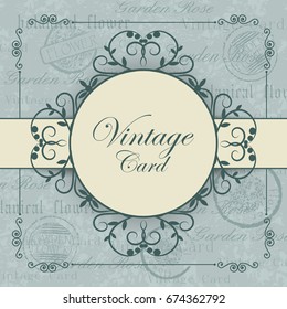Vintage card with place for your text on blue postcard background.