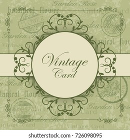 Vintage card with place for your text on green postcard background.