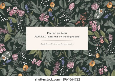 Vintage card with plants, herbs and flowers. Floral wreath. Flower frame for flowershop with label designs. Flowers background for cosmetics packaging