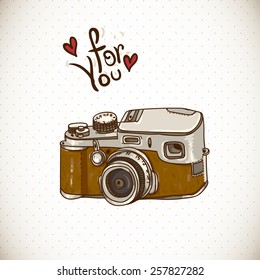 Vintage Card with Retro Camera, Vector Hand Drawn Illustration
