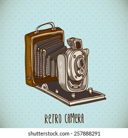 Vintage Card with Retro Camera, Vector Hand Drawn Illustration