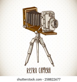 Vintage Card with Retro Camera, Vector Hand Drawn Illustration