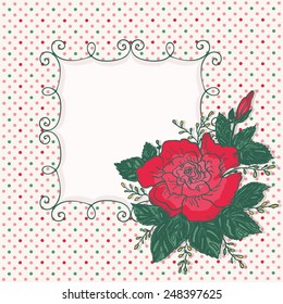 Vintage card with rose flower and frame. Colorful dotted background. Retro style. Vector illustration.