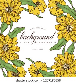 Vintage card with rose flowers. Floral wreath. Flower frame for flowershop with label designs. Golden-daisy floral greeting card. Flowers background for cosmetics packaging
