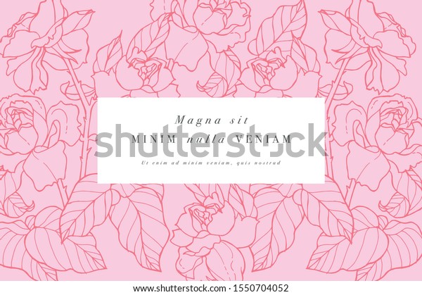 Vintage card with rose\
flowers. Floral wreath. Flower frame for flowershop with label\
designs. Summer floral rose greeting card. Flowers background for\
cosmetics packaging