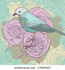 vintage card with roses and bird, vector illustration