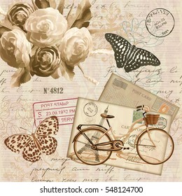 Vintage card with roses, butterfly, bicycle  and old envelope.