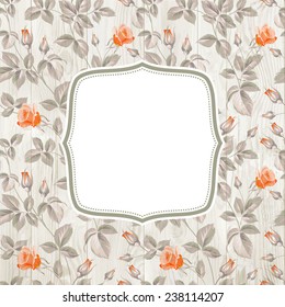 Vintage card with roses pattern over wooden texture. Vector illustration.