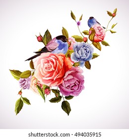 Vintage card with roses, peony with bird. Can be used as invitation card for wedding, birth, other invents, as print on clothes. Vector - stock.