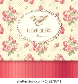 Vintage card with roses and a titmouse