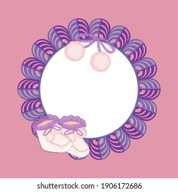 Vintage card with a round center to insert you text or photo.Label with lacy boder and children's knitted shoes decorated pompoms.Baby graphic design,vector illustration for scrapbook and other users.