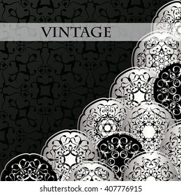 Vintage card with vintage round elements. Background in a black. Luxury black&silver design      