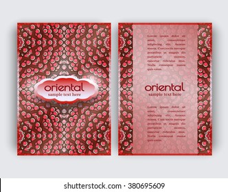 Vintage card with round floral ornament pattern. Decorative oriental templates for Brochure, Flyer or Booklet. Front page and back page, size A5. Elegant layout. Islam, Arabic, Indian, ottoman motifs.