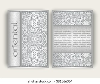 Vintage card with round floral ornament pattern. Decorative oriental templates for Brochure, Flyer or Booklet. Front page and back page, size A5. Elegant layout. Islam, Arabic, Indian, ottoman motifs.