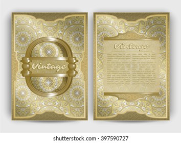 Vintage card with round floral ornament pattern. Decorative oriental templates for Brochure, Flyer or Booklet. Front page and back page, size A5. Elegant layout. Islam, Arabic, Indian, ottoman motifs.
