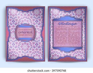 Vintage card with round floral ornament pattern. Decorative oriental templates for Brochure, Flyer or Booklet. Front page and back page, size A5. Elegant layout. Islam, Arabic, Indian, ottoman motifs.
