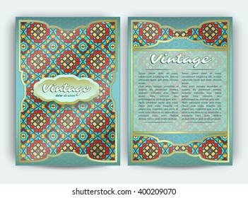 Vintage card with round floral ornament pattern. Decorative oriental templates for Brochure, Flyer or Booklet. Front page and back page, size A5. Elegant layout. Islam, Arabic, Indian, ottoman motifs.