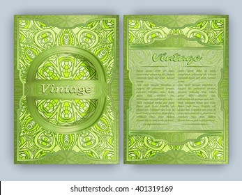 Vintage card with round floral ornament pattern. Decorative oriental templates for Brochure, Flyer or Booklet. Front page and back page, size A5. Elegant layout. Islam, Arabic, Indian, ottoman motifs.