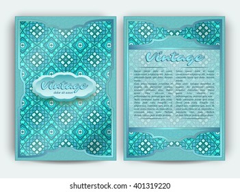 Vintage card with round floral ornament pattern. Decorative oriental templates for Brochure, Flyer or Booklet. Front page and back page, size A5. Elegant layout. Islam, Arabic, Indian, ottoman motifs.