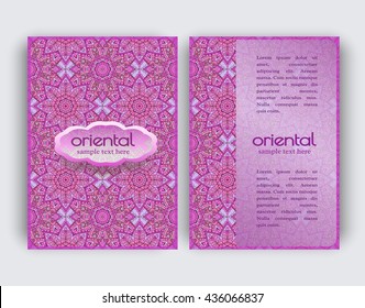 Vintage card with round floral ornament pattern. Decorative oriental templates for brochure, flyer or booklet. Front page and back page, size A5. Elegant layout. Indian or Arabic motive.