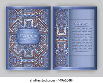 Vintage card with round floral ornament texture. Oriental templates for brochure, flyer, booklet. Front and back page, size A5. Indian or Arabic elegant layout. Pattern swatches included in file.