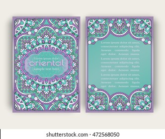 Vintage card with round floral ornament pattern. Decorative oriental templates for brochure, flyer or booklet. Front page and back page, size A5. Elegant layout. Indian or Arabic motive.