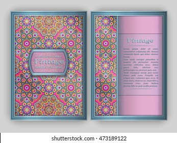 Vintage card with round floral ornament texture. Oriental templates for brochure, flyer, booklet. Front and back page, size A5. Indian or Arabic elegant layout. Pattern swatch included in file.