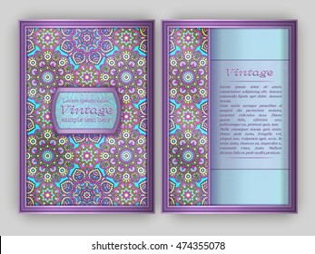 Vintage card with round floral ornament texture. Oriental templates for brochure, flyer, booklet. Front and back page, size A5. Indian or Arabic elegant layout. Pattern swatch included in file.