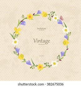 vintage card with round frame of spring flowers