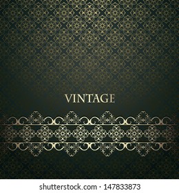 Vintage card with seamless damask background and golden Borders