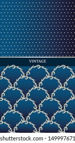 Vintage card with seamless golden-blue tiled pattern, Stylish vintage frame