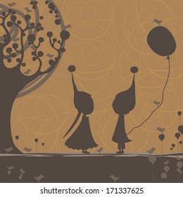 Vintage card with silhouette of kids