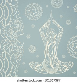 Vintage card with silhouette of yoga woman sitting in lotus pose. With waves, dragons,  chakras, mehendi, zentagle ornament. Vector illustration.