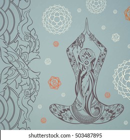 Vintage card with silhouette of yoga woman sitting in lotus pose. With waves, dragons, chakras, mehendi, zentagle ornament. Vector illustration.