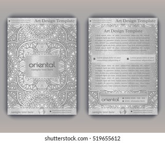 Vintage card with silver arabic texture. Decorative oriental templates for brochure, flyer or booklet. Front and back page, size A4. Elegant layout with floral mandala pattern and ornaments