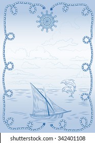 Vintage card with a sketch of a seascape, a steering wheel and frame of marine rope in blue tones.